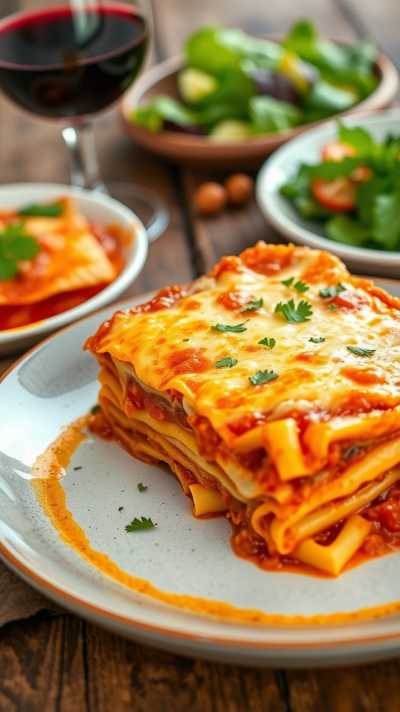 A cheesy slice of five-cheese lasagna with layers of pasta and marinara sauce, garnished with parsley, on a wooden table.